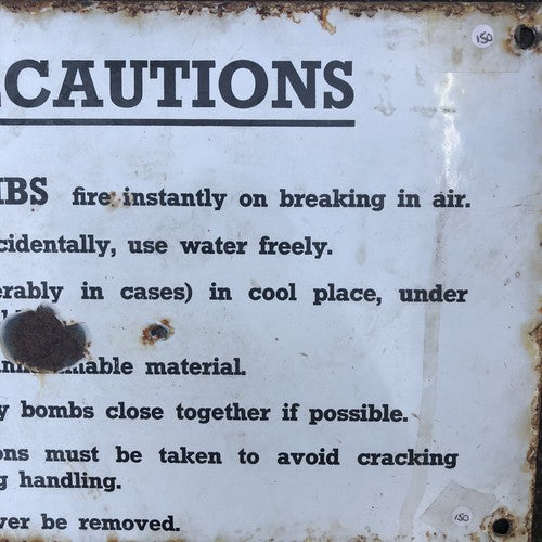 AW Bombs Precautions Antique Enamel Sign