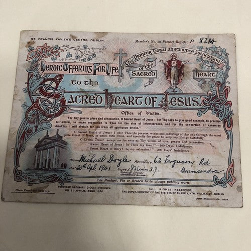 Abstinence Association Of The Sacred Heart Temperance Certificates Overseas Post