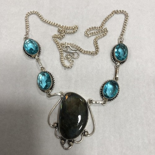 Genuine Flash Labradorite With Genuine Blue Topaz Silver Gemstone Necklace