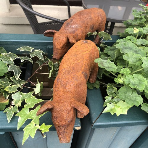 Pair Of Pigs Antiqued Style Garden Ornaments