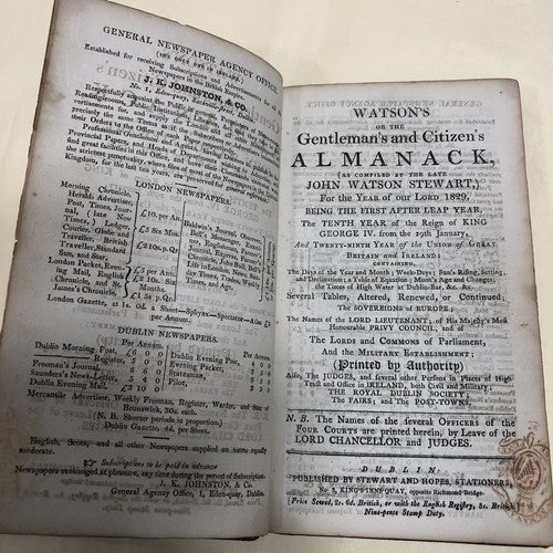 Watsons Almanack For 1829 Dublin Hardback Rare !!! See All Photographs