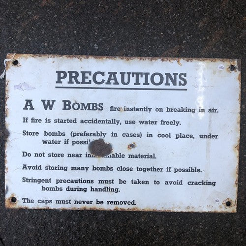 AW Bombs Precautions Antique Enamel Sign