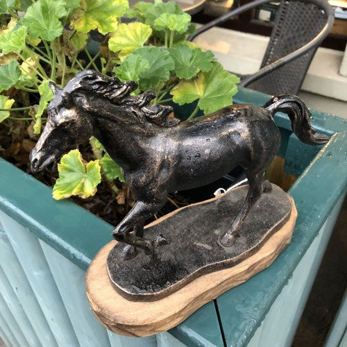 Horse Running Cast Iron On Wooden Base