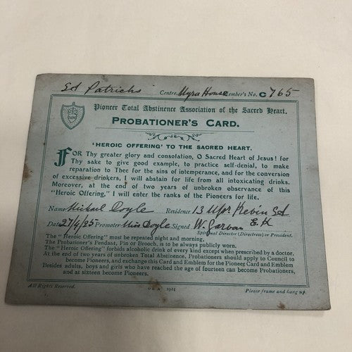 Abstinence Association Of The Sacred Heart Temperance Certificates Overseas Post