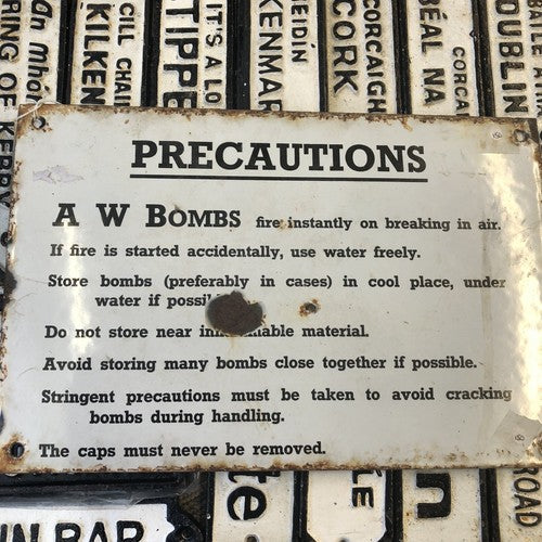 AW Bombs Precautions Antique Enamel Sign