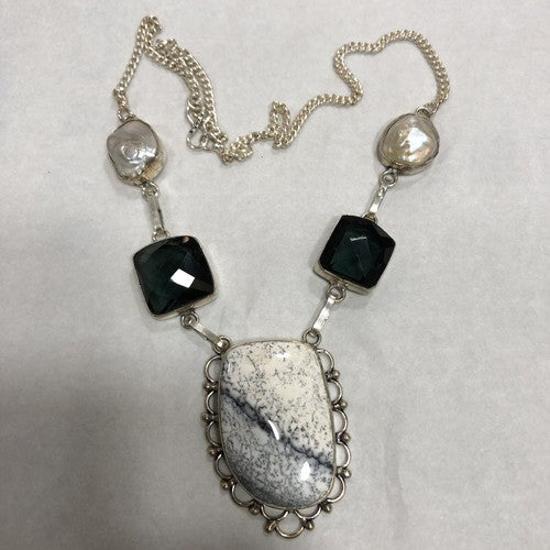 Genuine Dendritic Opal & Blue Quartz & Japanese River Biwa Pearl Sterling