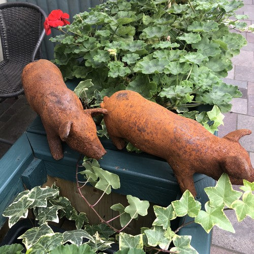 Pair Of Pigs Antiqued Style Garden Ornaments