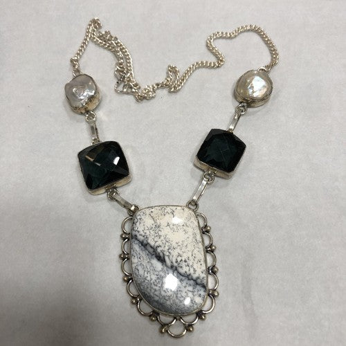 Genuine Dendritic Opal & Blue Quartz & Japanese River Biwa Pearl Sterling
