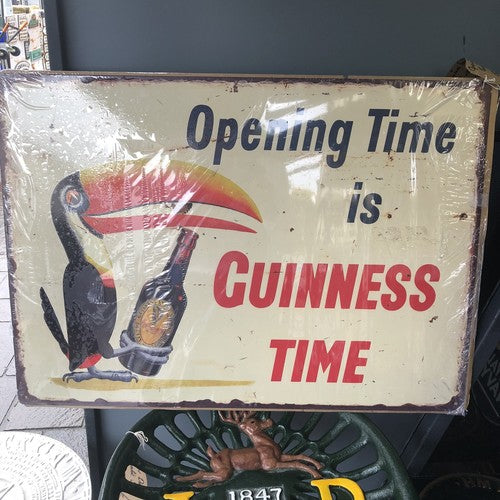 VINTAGE DESIGN TOUCAN WITH BOTTLE OPENING TIME IS GUINNESS TIME TIN METAL SIGN
