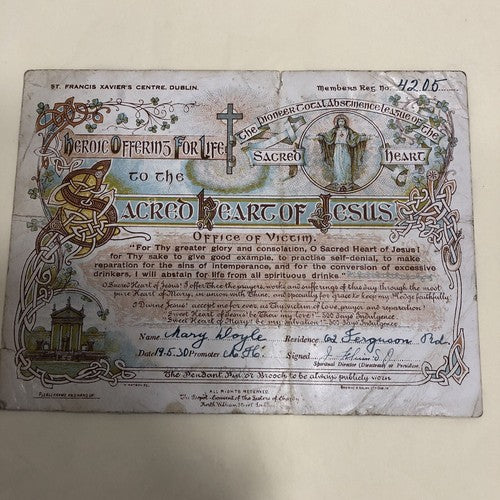 Abstinence Association Of The Sacred Heart Temperance Certificates Overseas Post