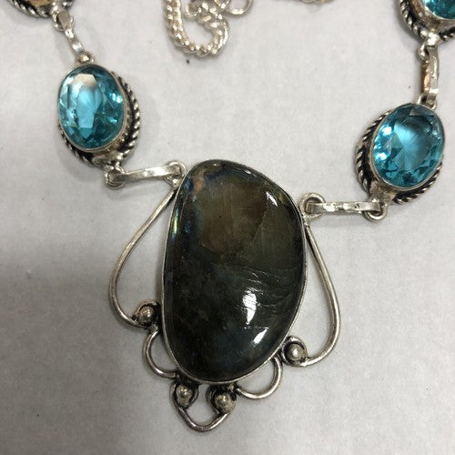 Genuine Flash Labradorite With Genuine Blue Topaz Silver Gemstone Necklace