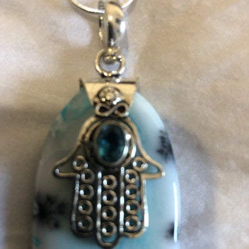 Genuine Dendritic Opal With Faceted Genuine Blue Topaz Silver Pendant