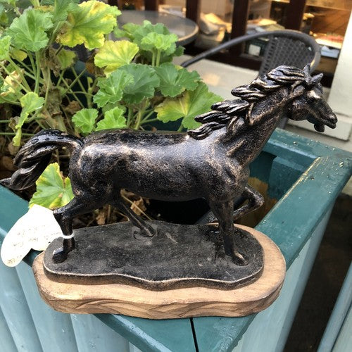Horse Running Cast Iron On Wooden Base