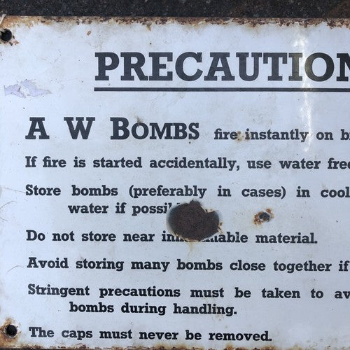 AW Bombs Precautions Antique Enamel Sign