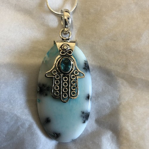 Genuine Dendritic Opal With Faceted Genuine Blue Topaz Silver Pendant