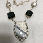 Genuine Dendritic Opal & Blue Quartz & Japanese River Biwa Pearl Sterling