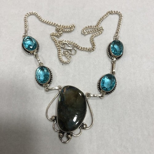 Genuine Flash Labradorite With Genuine Blue Topaz Silver Gemstone Necklace