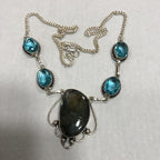 Genuine Flash Labradorite With Genuine Blue Topaz Silver Gemstone Necklace