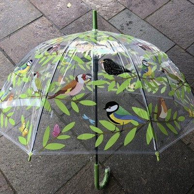 Ladies Garden Birds Umbrella Walking Length Clear Dome