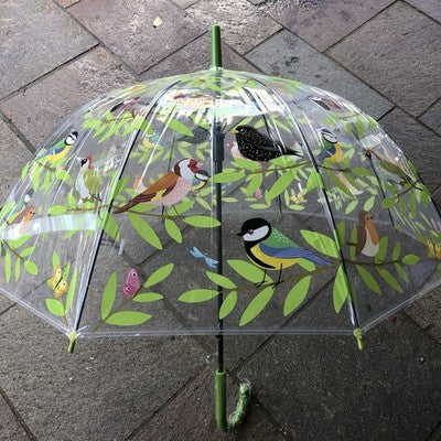 Ladies Garden Birds Umbrella Walking Length Clear Dome