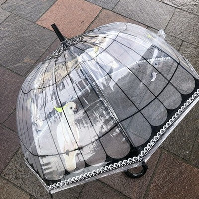 Ladies Parrot In Cage Umbrella Walking Length Clear Dome