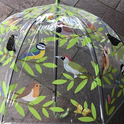 Ladies Garden Birds Umbrella Walking Length Clear Dome