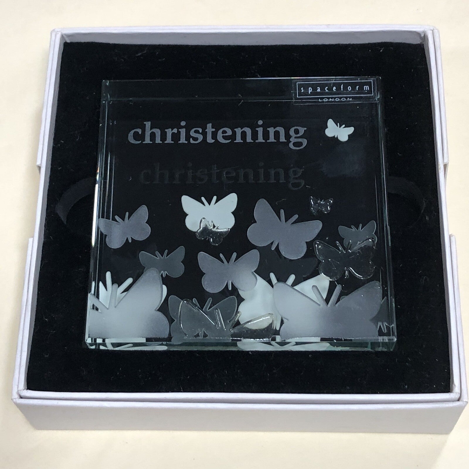 Spaceform Christening Glass Block 3 Inches Square Very Fine Scratch On Front